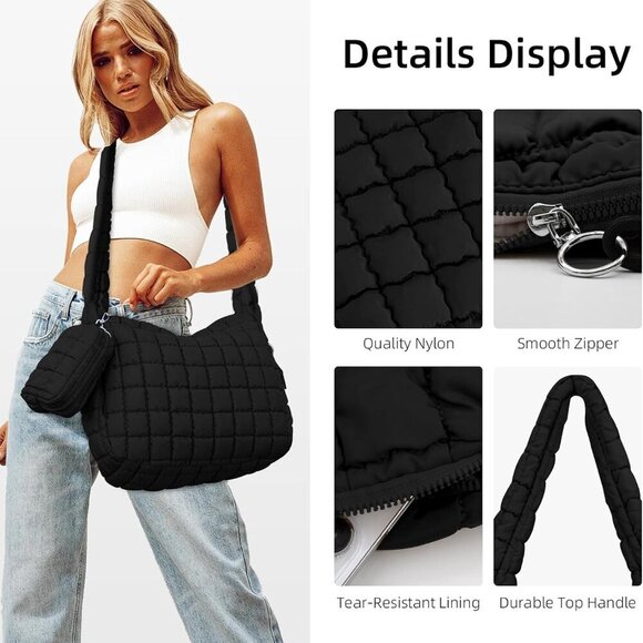 Large Quilted Tote Bag Nylon Puffer Oversized Carryall Pouch Crossbody - Picture 4 of 6